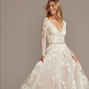 Galina Signature  Illusion Sleeve Plunging Ball Gown Wedding Dress. *NEVER WORN